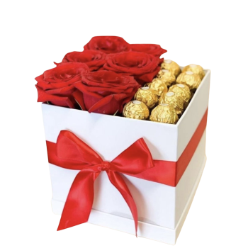 Σύνθεση Κύβος με τριαντάφυλλα και Ferrero Rocher