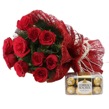 Ανθοδέσμη με κόκκινα τριαντάφυλλα και γλυκιές μπουκίτσες