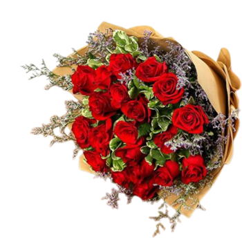 Εντυπωσιακή ανθοδέσμη με λιμόνιουμ και κόκκινα τριαντάφυλλα