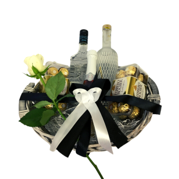 White Rose Basket Tequila Omega, Dry Mastixa, Martini Asti mini and Ferrero Rocher