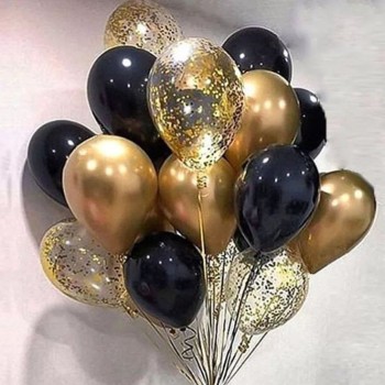 Σύνθεση Μπαλονιών Μαύρο, Χρυσό και Διάφανο με Κομφετί 